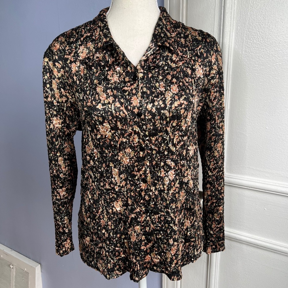 Vintage Y2K EAST Floral Crinkle Plisse Sequin Button Down Black Pink Women M/L